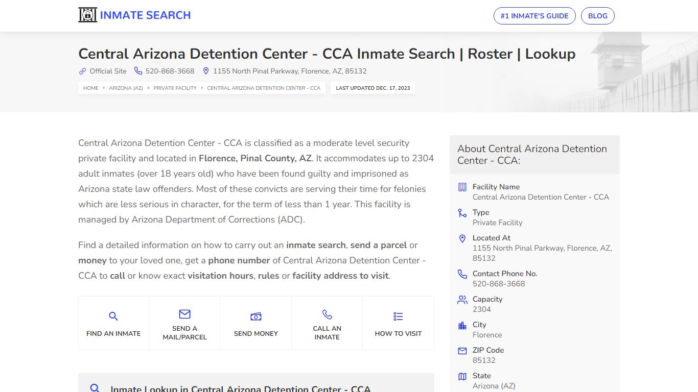 Central Arizona Detention Center - CCA Inmate Search | Roster | Lookup